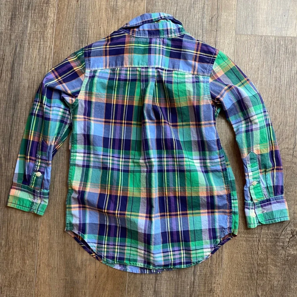 Ralph Lauren Boys Green Blue Plaid Long Sleeve Button Down Shirt Size 4 Toddler